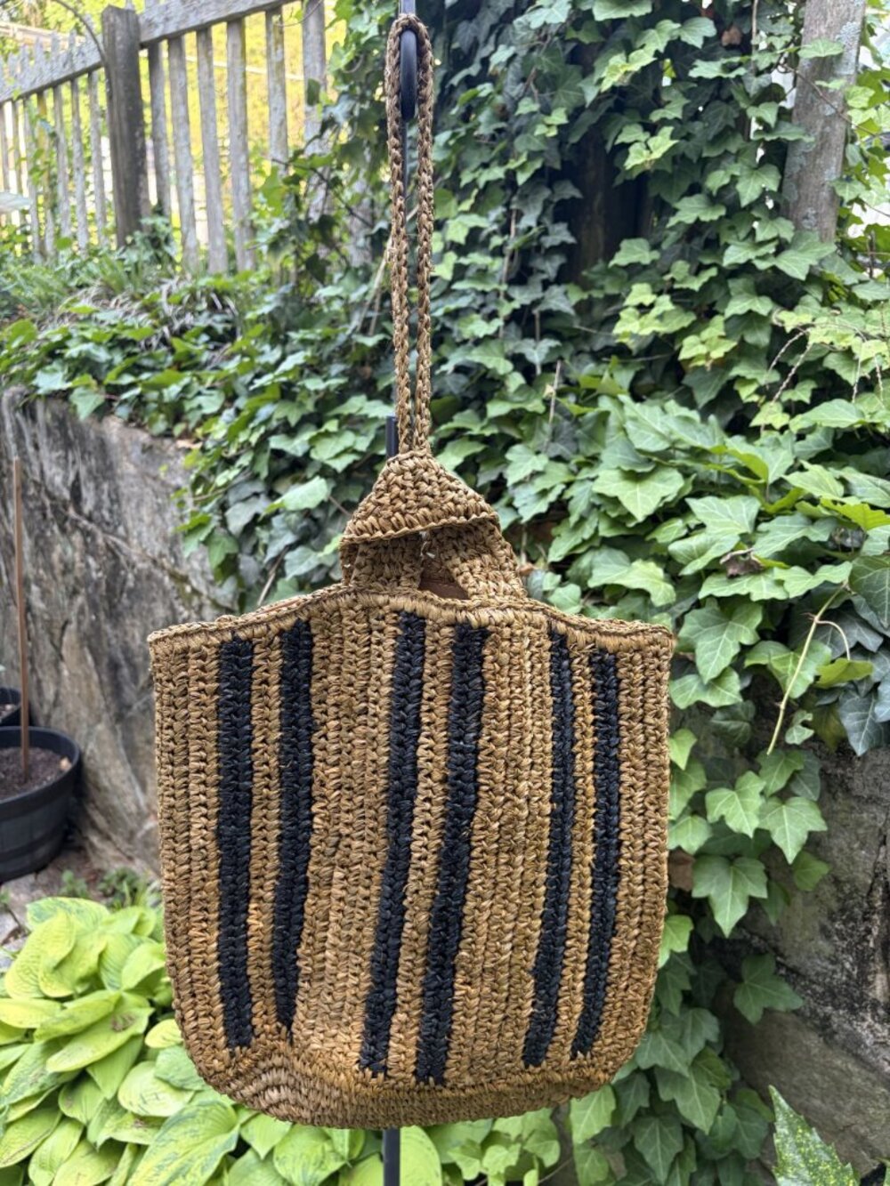 NEW LSpace Andressa Stripe Bag Natural Woven Raffia Bucket Boho Coastal Festival